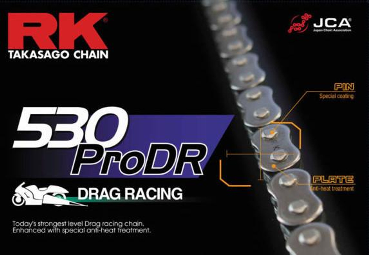 RK Excel RK Chain 530 Pro DR Chain, close-up view showing the chain's pins with special coating and anti-heat treatment.