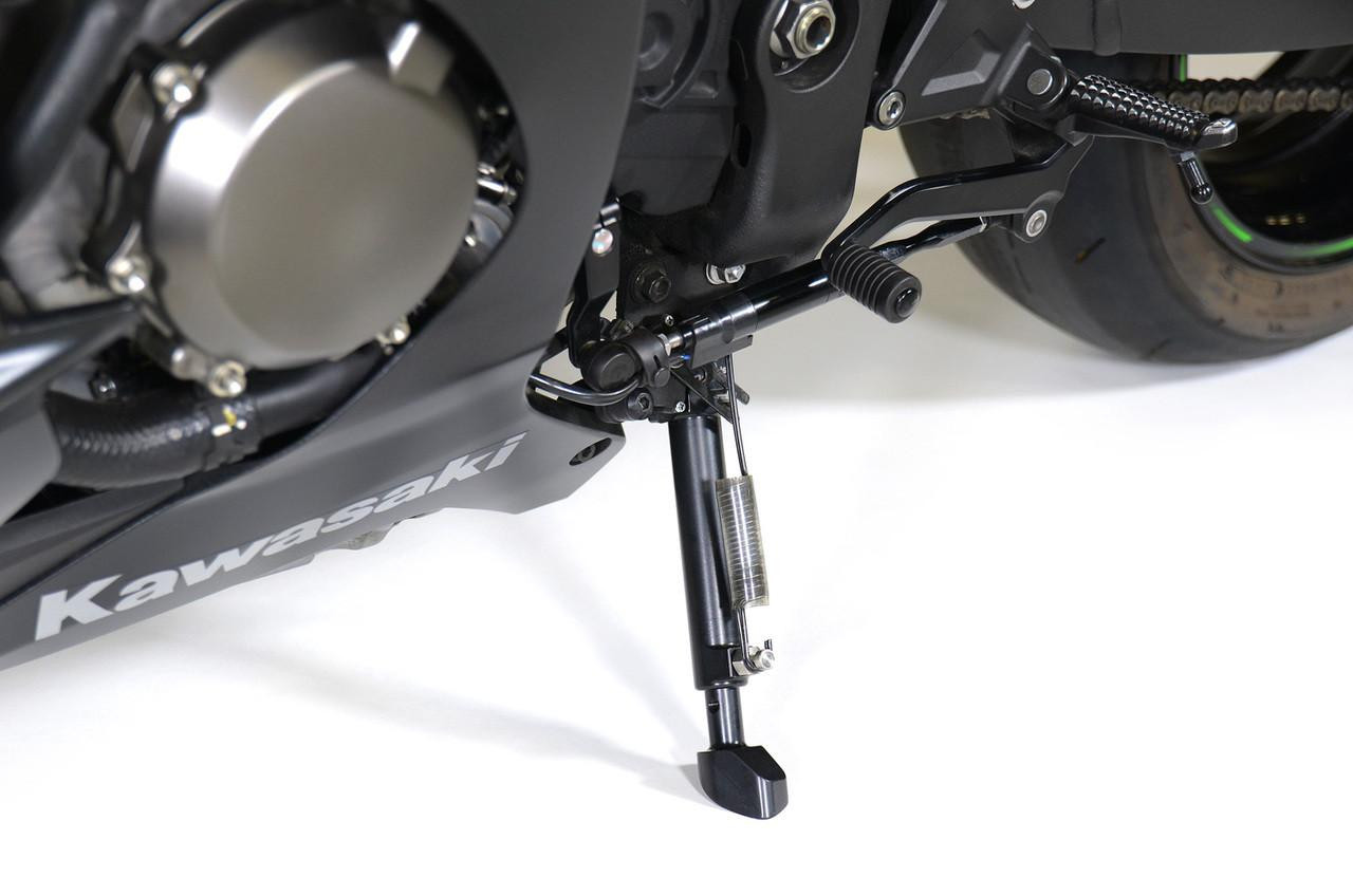 Brocks Performance Brocks Adjustable BrockSTAND Kickstand Kawasaki ZX10R 16-23, motorcycle kickstand installed on black Kawasaki ZX10R motorcycle with visible engine components and rear wheel.