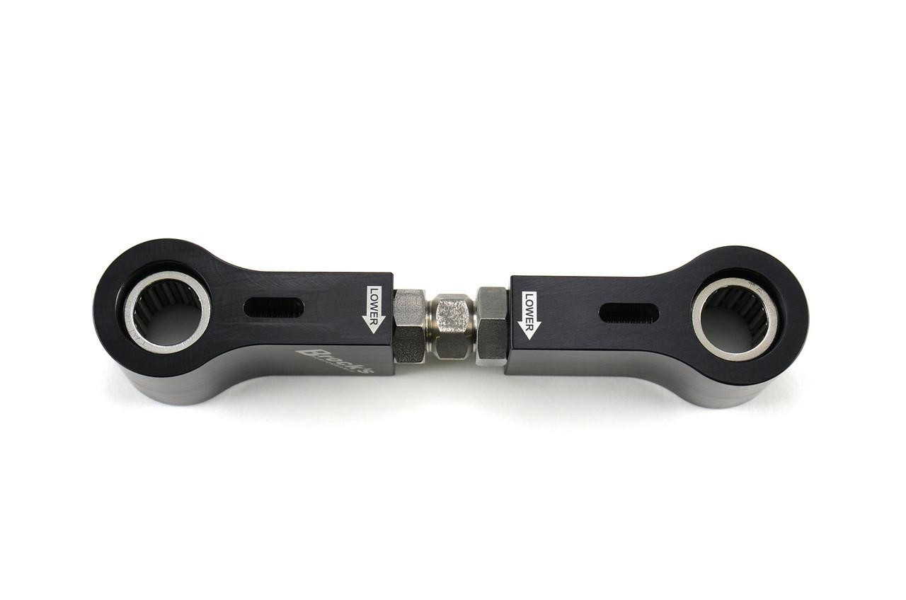 Brocks Performance Brocks Window Lowering Link Kawasaki ZX10R (16-20), black metal motorcycle lowering linkage with labeled 'Lower' arrows for front lower adjustment. Brocks Performance Brocks Window Lowering Link Kawasaki ZX10R (16-20), black metal motorcycle lowering linkage with labeled 'Lower' arrows for front lower adjustment.