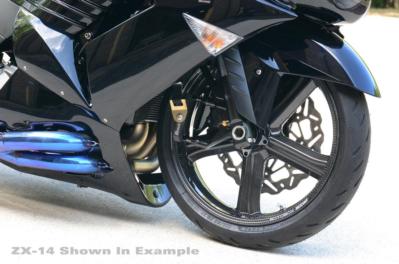 Brocks Performance Brocks Brake Caliper Delete Spacer Set Black, close-up view of a motorcycle's front wheel with black brake caliper delete spacer set, black carbon fiber wheel, and black fender.