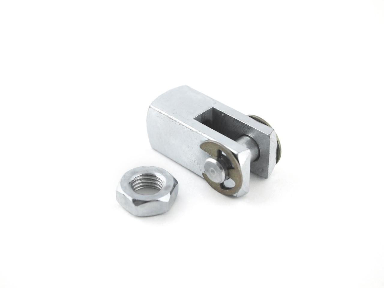 MPS Air Shifter Cylinder Clevis, metal clevis with mounting pin and nut for pneumatic cylinder attachment.