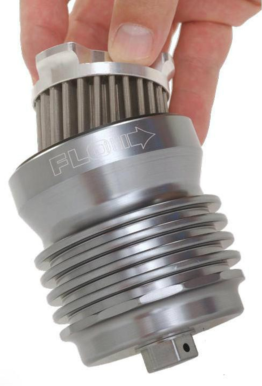 PC Racing Flo Lifetime Reusable Oil Filter Yamaha YZF-R1 (98-18), high-quality silver oil filter with a threaded base and pleated filter element.