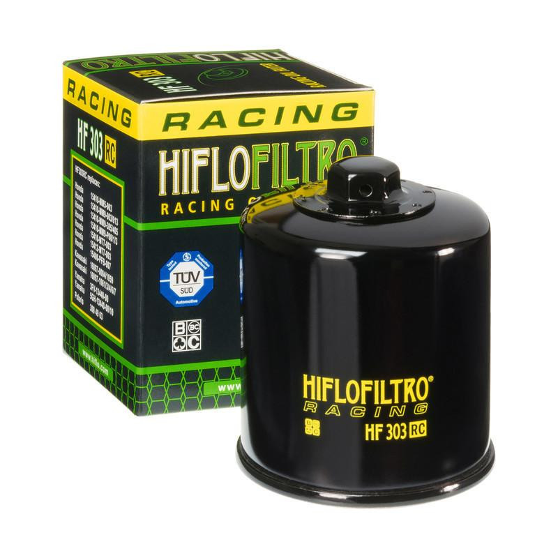 HiFloFiltro Racing Oil Filter Kawasaki ZX14R (06-25), black oil filter with yellow branding and model number HF 303 RC placed in front of its green and black packaging box.