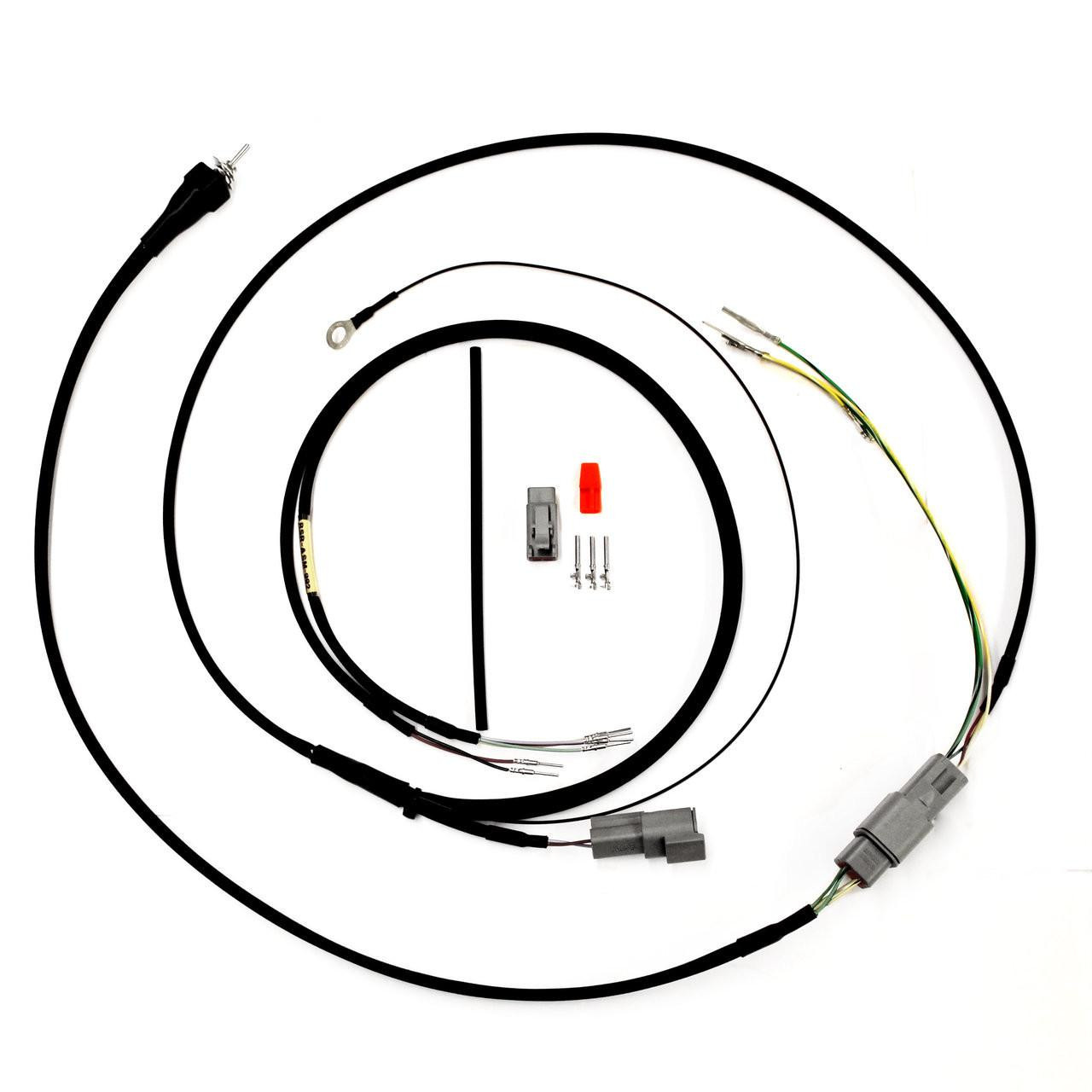 Ryan Schnitz Racing RSR Air Shifter Kit Kawasaki ZX14R, black hoses, electrical wiring, and mounting components, for motorbike gear shifting enhancement.