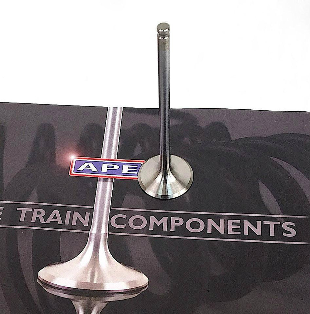 APE Inconel Exhaust Valves Suzuki Hayabusa (99-26), stainless steel motorcycle exhaust valves on a black surface with 'VALVE TRAIN COMPONENTS' text. APE Inconel Exhaust Valves Suzuki Hayabusa (99-26), stainless steel motorcycle exhaust valves on a black surface with 'VALVE TRAIN COMPONENTS' text.