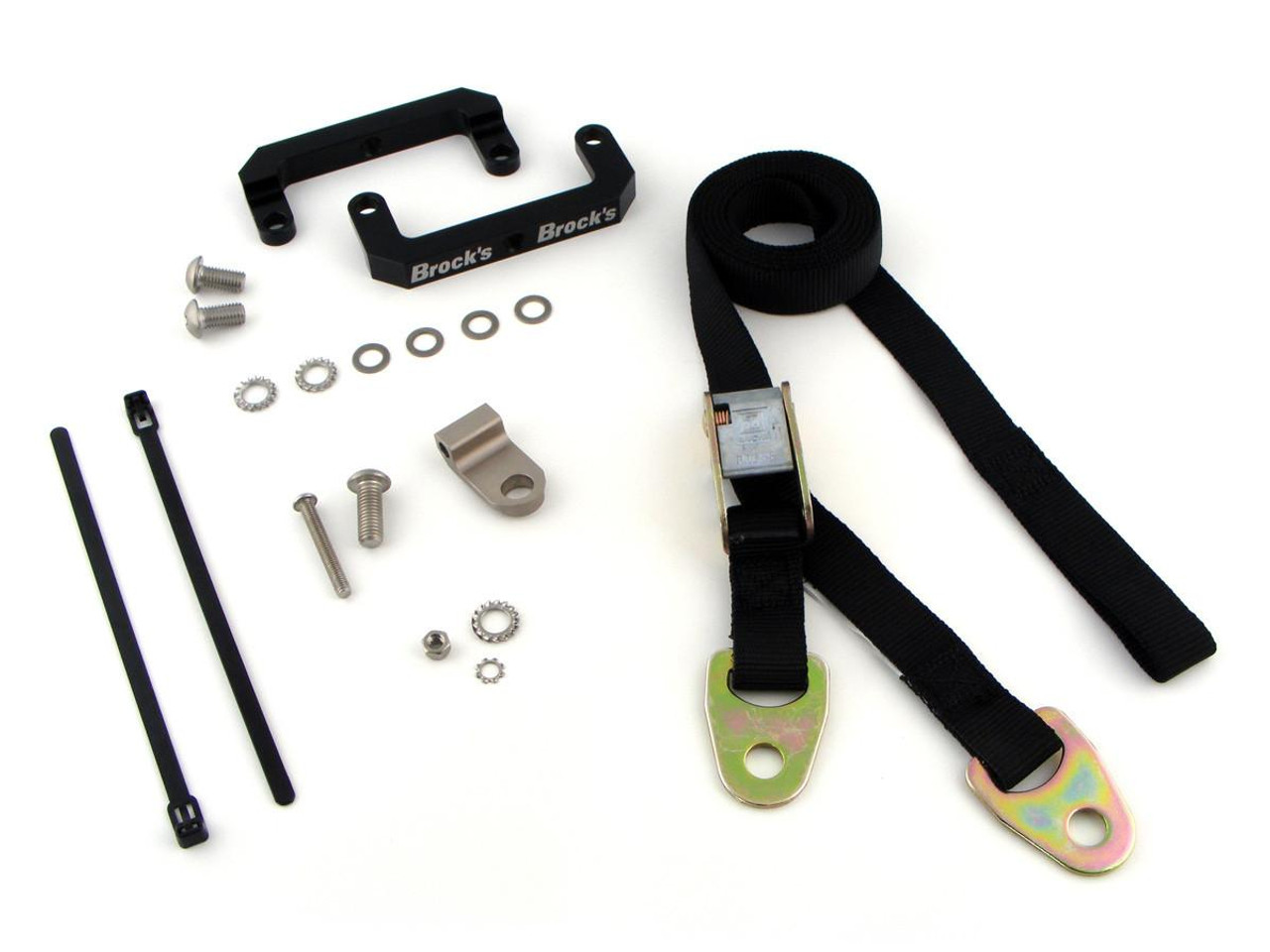 Brocks Performance Front End Lowering Strap Kit for Kawasaki ZX12, motorcycle front end lowering strap kit with hardware and mounting brackets.