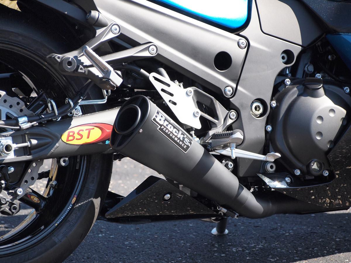 Brocks Performance Brocks Alien Head 2 Full Exhaust 14" Muffler Black Kawasaki ZX14R from 2012 to 2025, motorcycle exhaust system with black muffler and alloy mounting components.