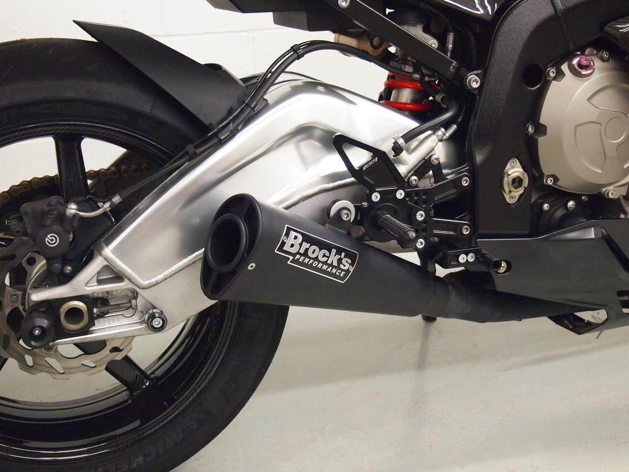 Brocks Performance Brocks Alien Head 2 Full Exhaust 14" Muffler Black for BMW S1000RR (2010-2014) and S1000R (2014-2016), motorcycle exhaust system with black muffler and metal piping.