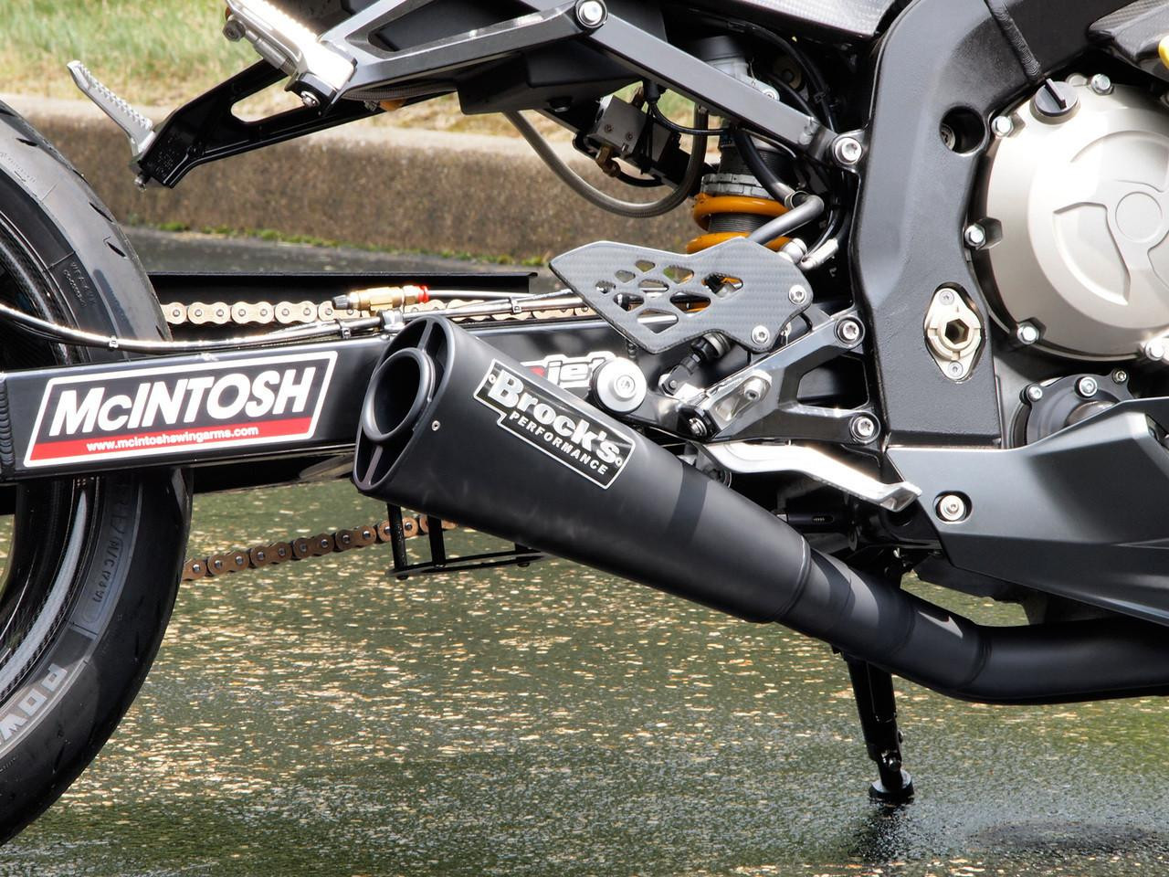 Brocks Performance Brocks Alien Head 2 Full Exhaust 14" Muffler Black BMW S1000RR and S1000R motorcycle, side view showcasing the black exhaust pipe and branding.