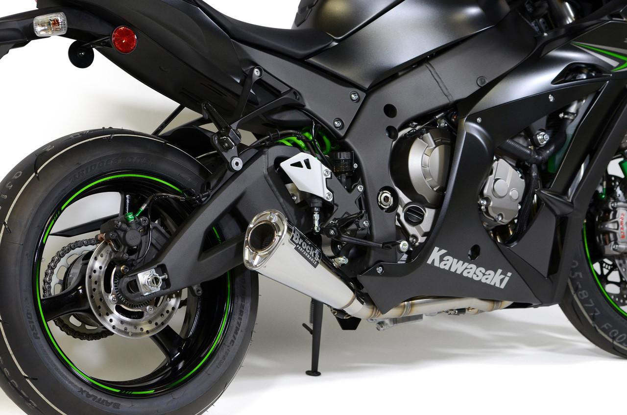 Brocks Performance Brocks Alien Head 2 Full Exhaust 14" Muffler for Kawasaki ZX10R (16-20), motorcycle side view showing the exhaust pipe and rear wheel.