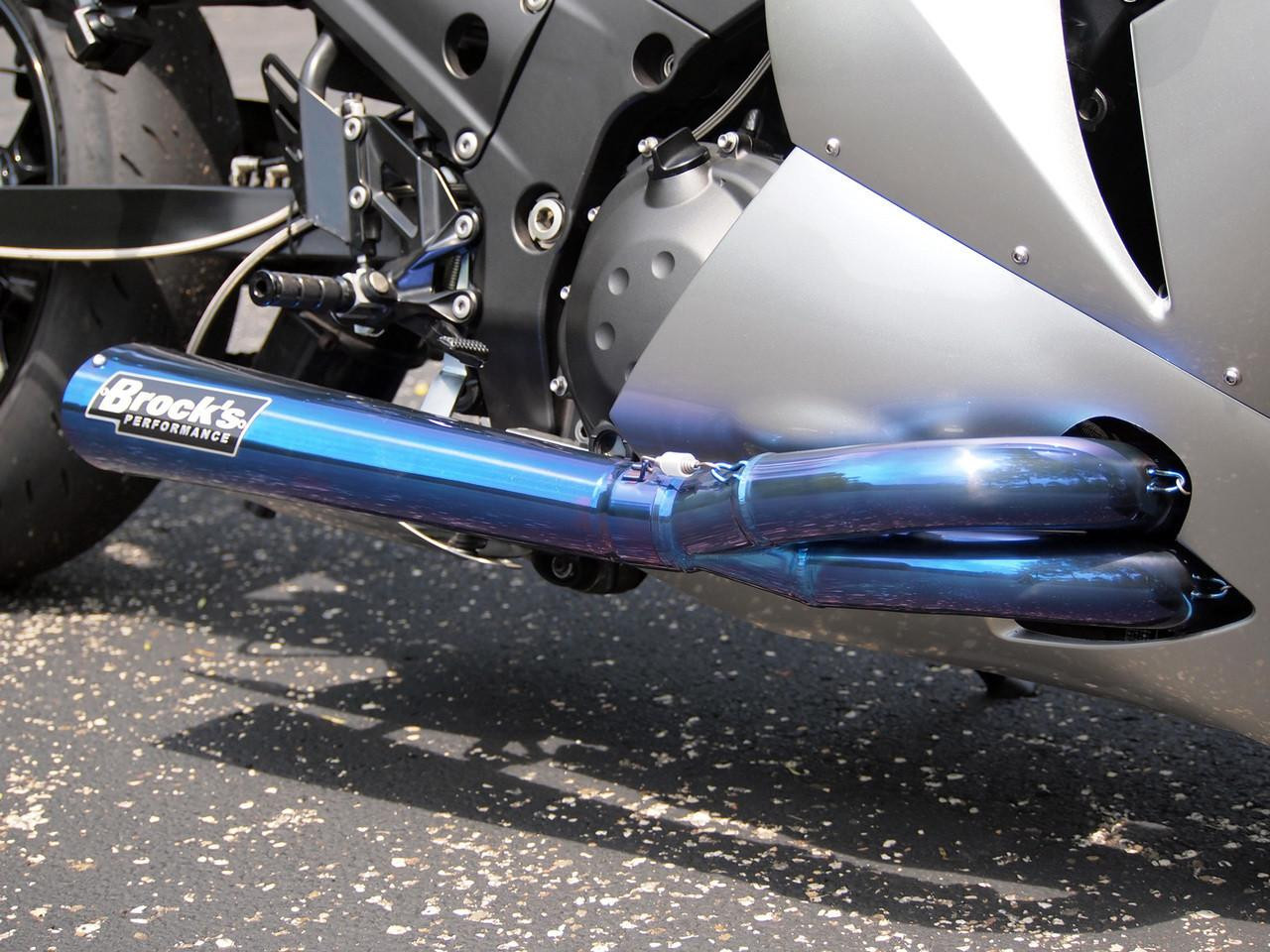 Brocks Performance Brocks Tiwinder Full Exhaust Street Baffle Blue Kawasaki ZX14R (06-20), motorcycle exhaust system with a blue titanium finish.