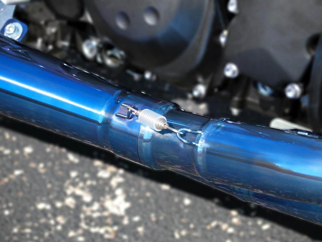 Brocks Performance Brocks Tiwinder Full Exhaust Street Baffle Blue Kawasaki ZX14R (06-20), close-up of a shiny blue motorcycle exhaust pipe with a street baffle attached.