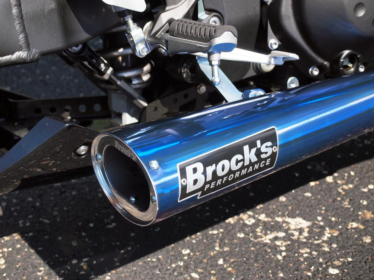 Brocks Performance Brocks Tiwinder Full Exhaust Race Baffle Blue Kawasaki ZX14R 06-25, close-up of the shiny blue exhaust pipe with Brocks Performance logo.