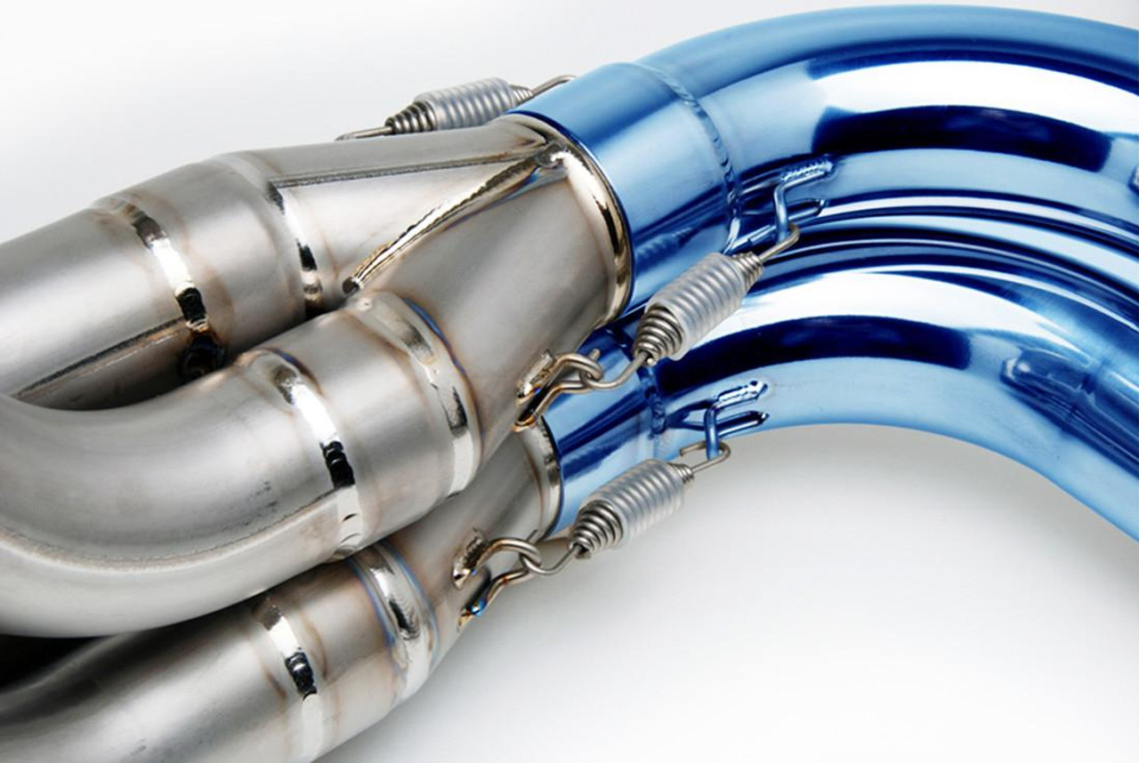 Brocks Performance Brocks Tiwinder Full Exhaust Race Baffle Blue Kawasaki ZX14R (06-25), close-up of the blue and stainless steel motorcycle exhaust system with spring clips.