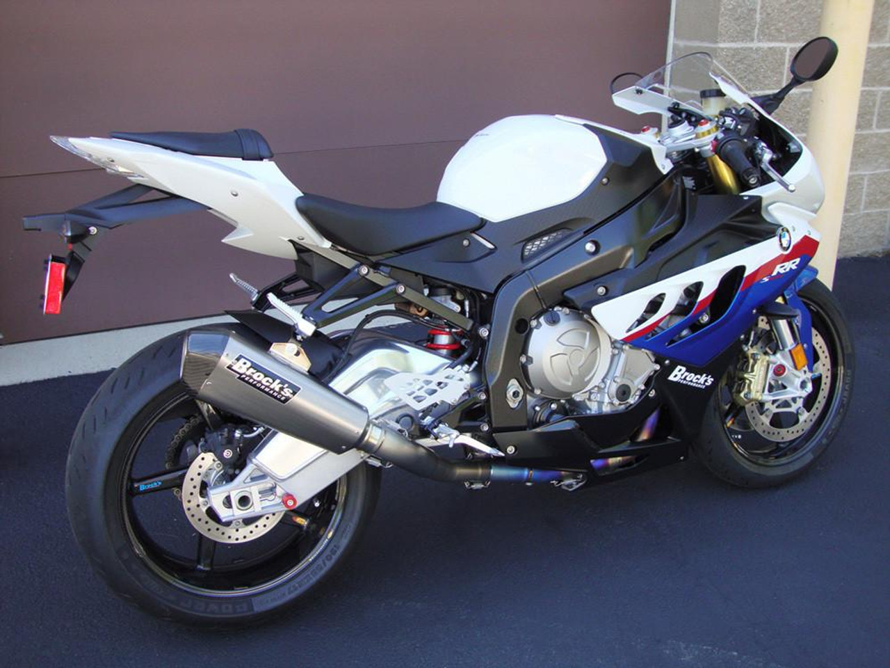 Brocks Performance Brocks CT Single Full Exhaust 16" Muffler BMW S1000RR (10-14), motorcycle with racing-inspired design, featuring a custom exhaust system and sporty graphics.
