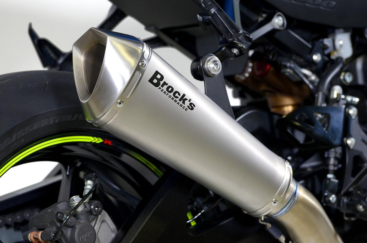 Brocks Performance Brocks Predator Full Exhaust Ti Front Titanium Muffler for Suzuki GSXR1000 (17-20), close-up view of the metallic titanium muffler attached to a motorcycle.