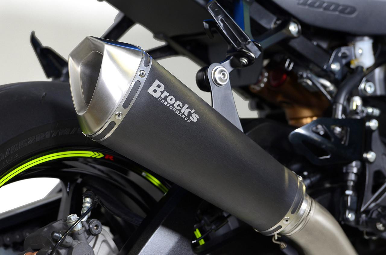 Brock's Performance Brock's Predator Full Exhaust Stainless Front Electro-Black Muffler Suzuki GSXR1000 (17-25), close-up view of the sleek, stainless steel motorcycle exhaust system installed on a Suzuki GSXR1000 sportbike.