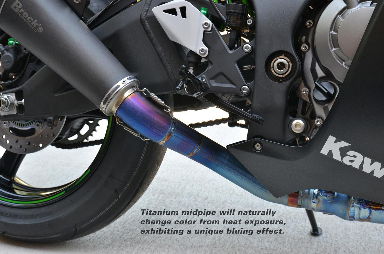 Brocks Performance Brocks Predator 3/4 Slip On Exhaust Titanium Muffler for Kawasaki ZX10R 2016-2020, showcasing a titanium muffler with heat-induced color change and mounted on a Kawasaki motorcycle.