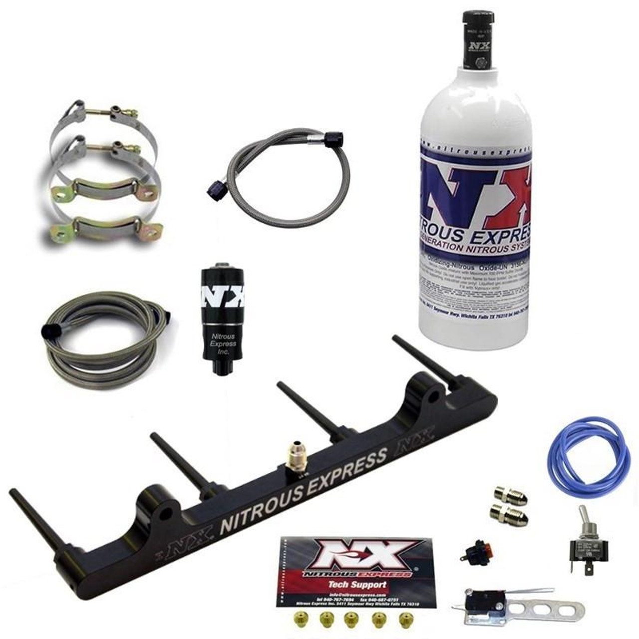 Product NX Nitrous Express Spray Bar System Suzuki GSX1300R Hayabusa (08-20), nitrous oxide system components including spray bar, nitrous bottle, hoses, solenoids, and mounting hardware.