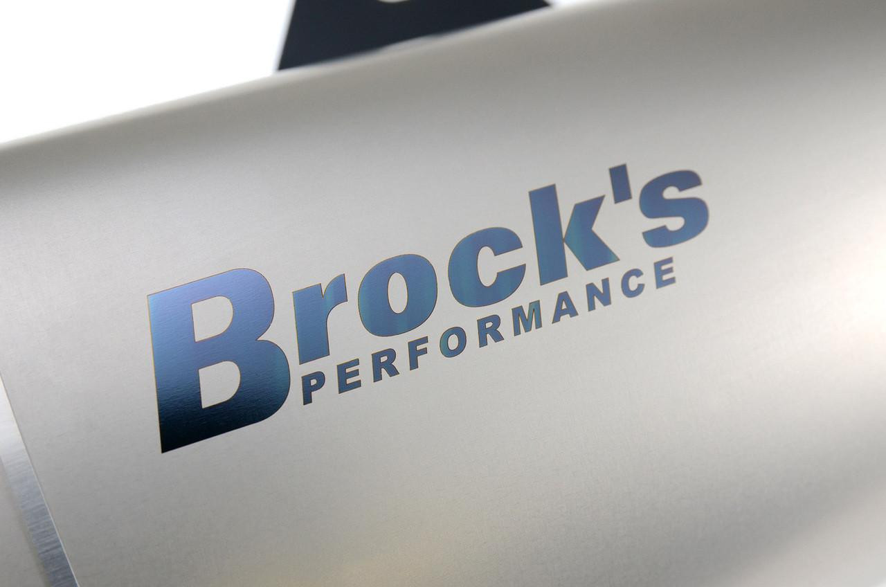 Brocks Performance Brocks Predator Full Exhaust Stainless Front Titanium Muffler Kawasaki ZX-14R, close-up image of the metallic muffler with the Brocks Performance logo.
