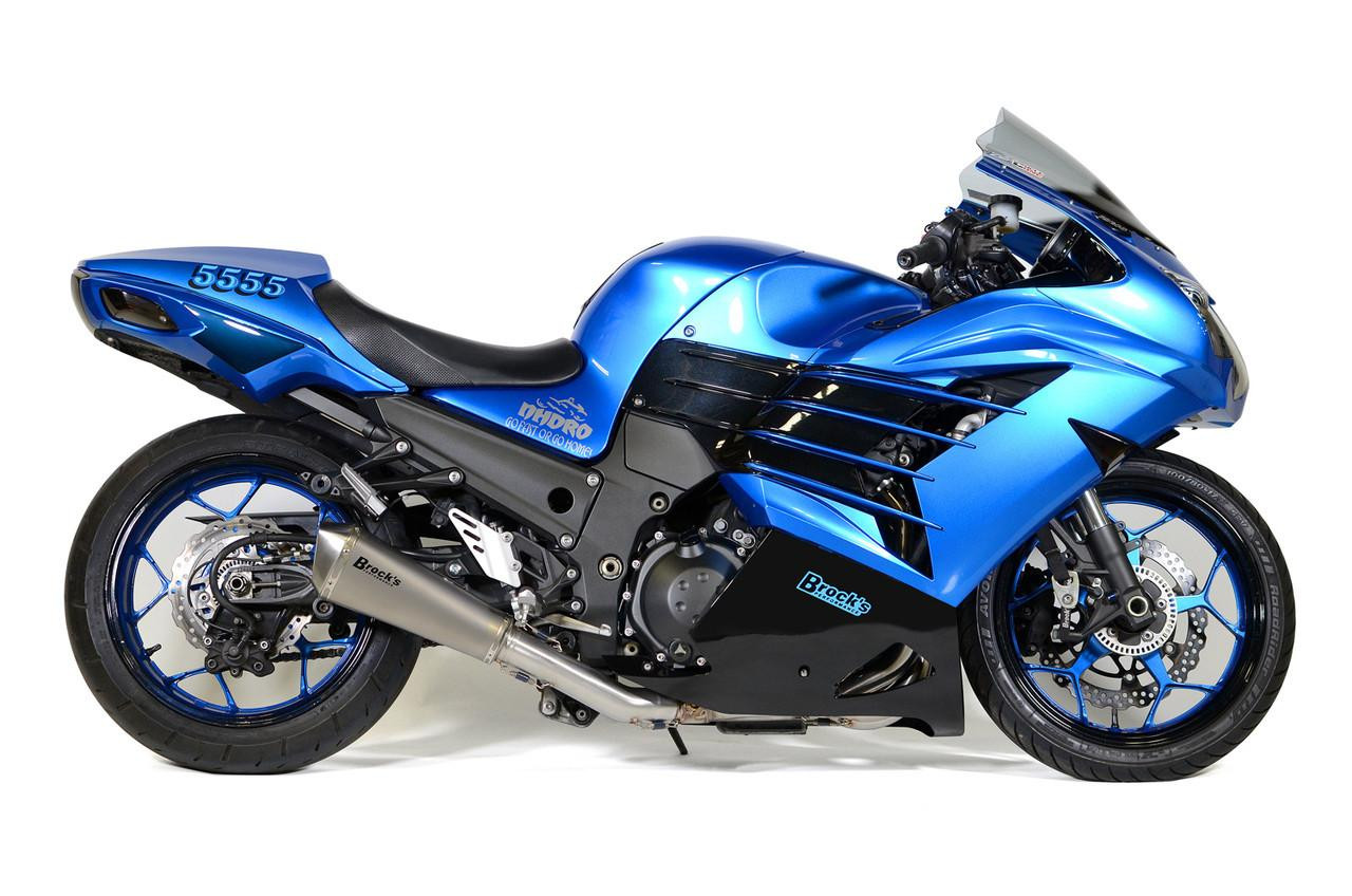 Brocks Performance Brocks Predator Full Exhaust Stainless Front Titanium Muffler Kawasaki ZX-14R motorcycle, blue sports bike with performance exhaust system, front view highlighting the titanium muffler and sleek design.