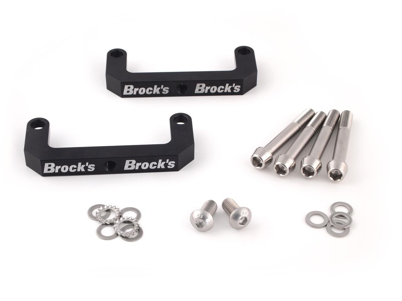 Brocks Performance Brocks Front End Lowering Strap Bracket Kawasaki ZX14R SE (16-18) ZX-14R (19-22), image showing a pair of black metal lowering strap brackets with white logo, along with silver bolts, washers, and small gears for motorcycle front end modification.