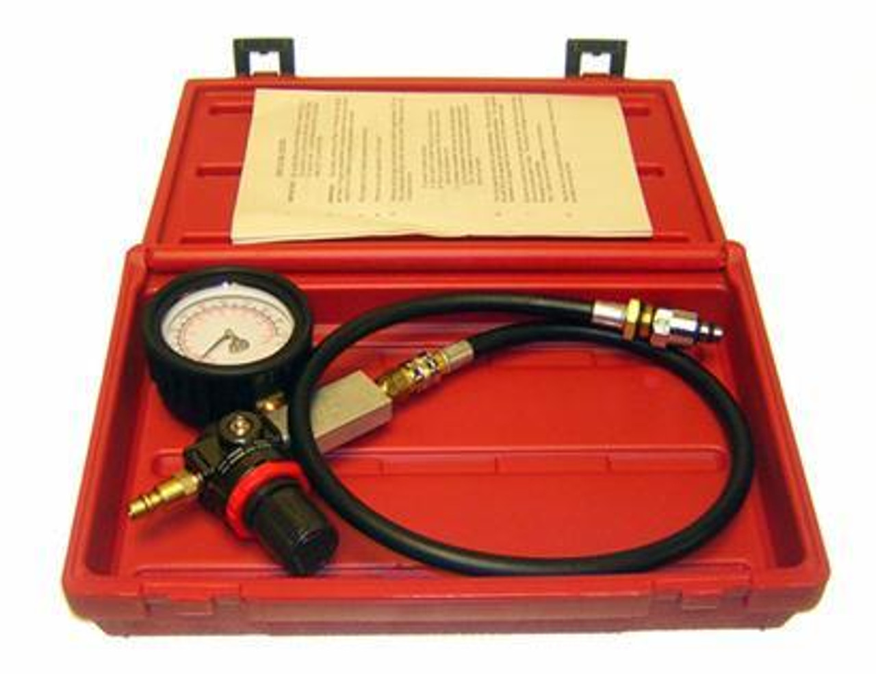 Schnitz Racing Schnitz Engine Leak Down Test Kit, in a red carrying case with hoses, a pressure gauge, and instruction manual inside.