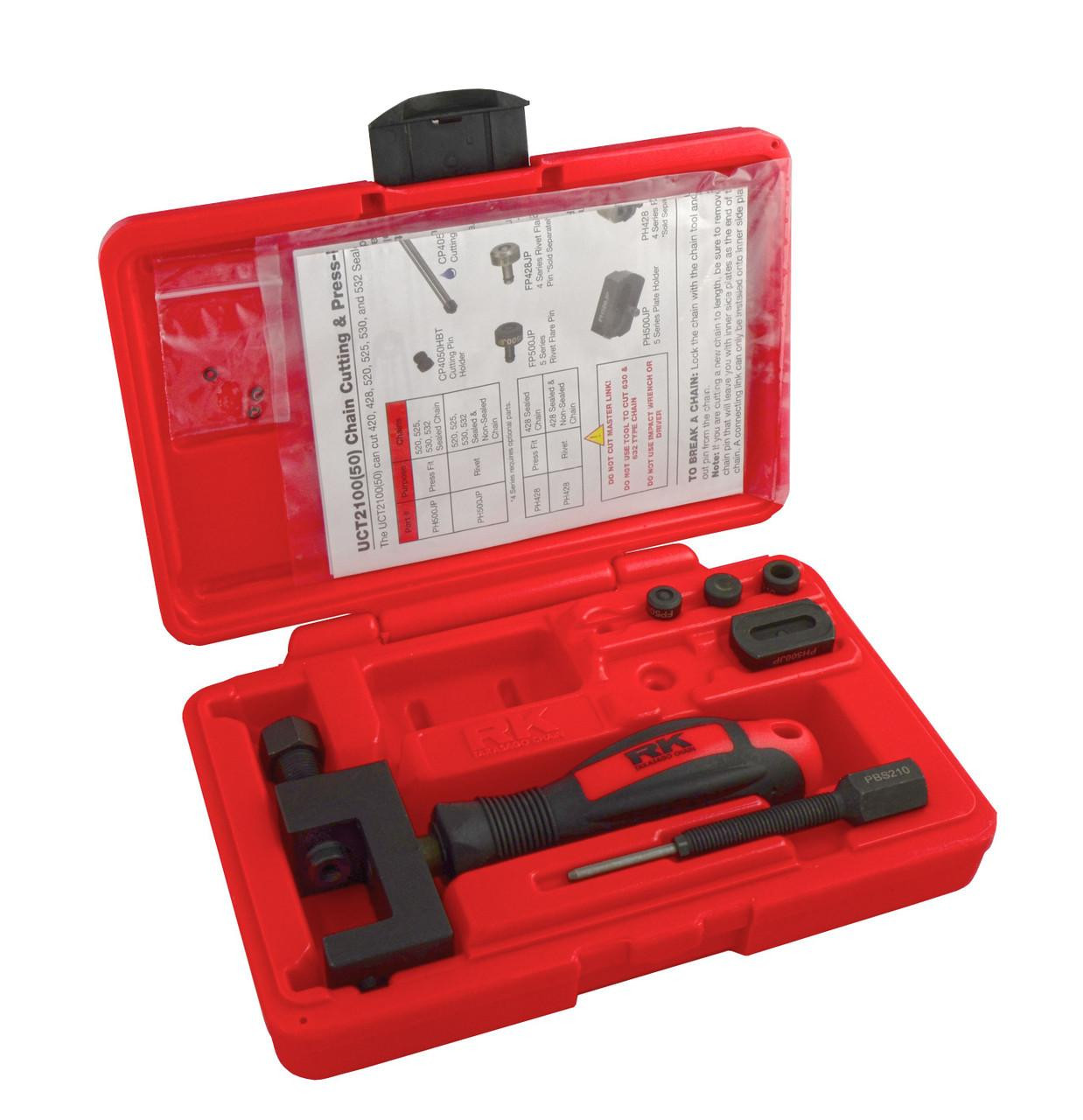 RK Excel RK Chain Breaker & Press Fit Rivet Tool, red plastic carrying case with tools and instructions inside.