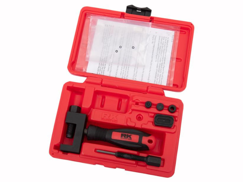 RK Excel RK Chain Breaker & Press Fit Rivet Tool, red plastic carrying case with workshop tools for chain repair inside.