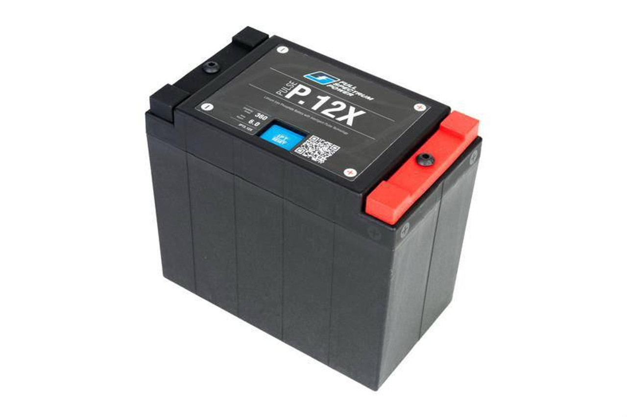 Full Spectrum Power Pulse IPT Lithium Battery P.12X, a black sealed lead-acid battery with red and black terminals and a label on top displaying product details.