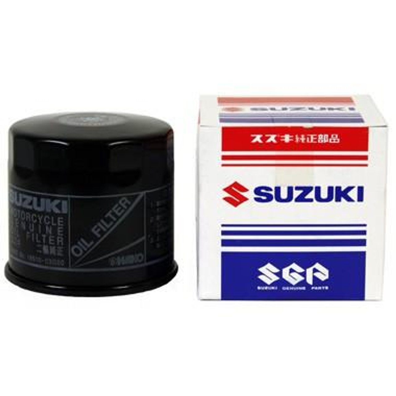 Suzuki OEM Oil Filter Hayabusa (99-26), image of a black cylindrical oil filter alongside a white and red Suzuki box.