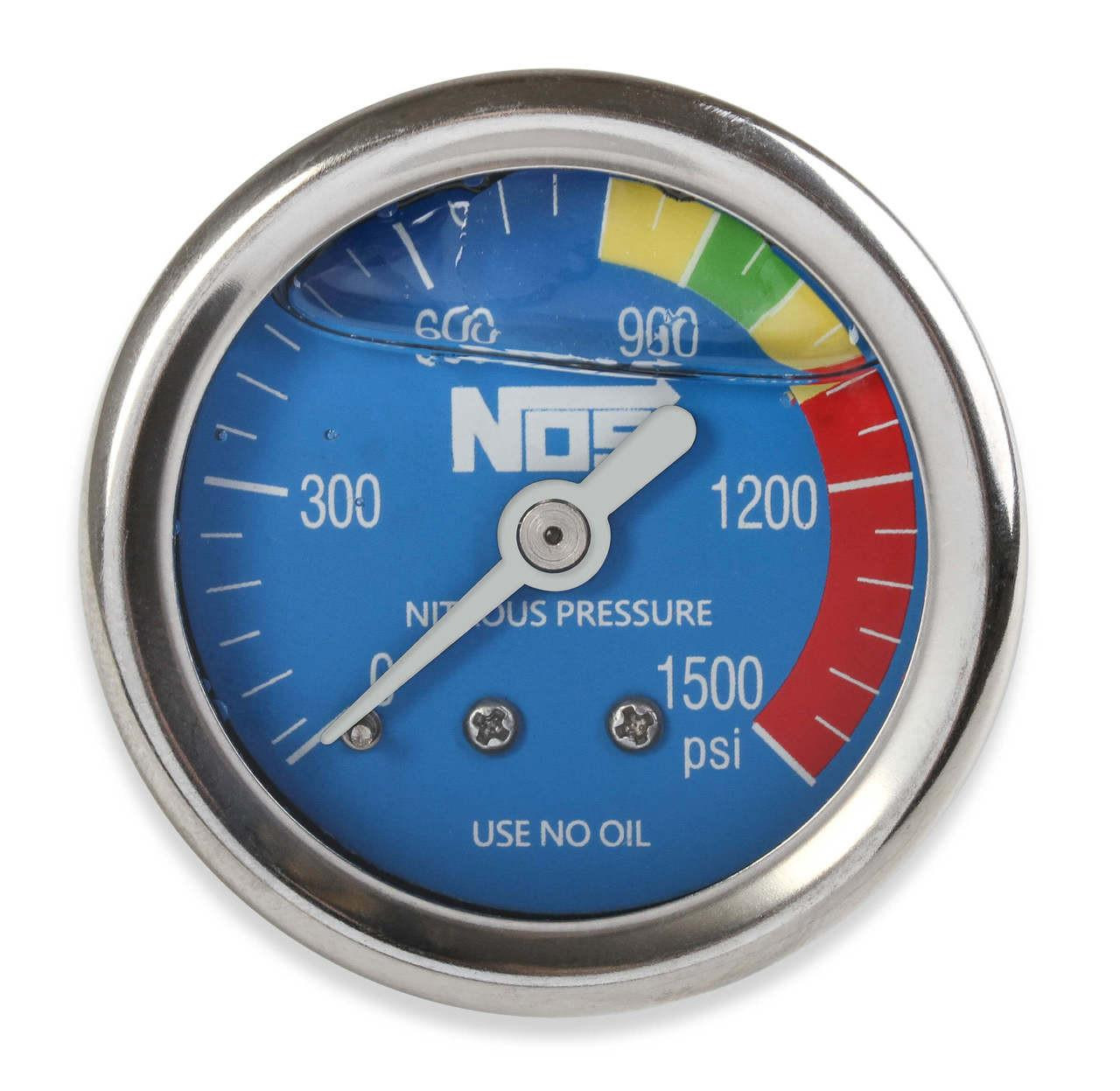 NOS Nitrous Pressure Gauge, 1-1/2 inch liquid filled blue pressure gauge for nitrous oxide systems. NOS Nitrous Pressure Gauge, 1-1/2 inch liquid filled blue pressure gauge for nitrous oxide systems.
