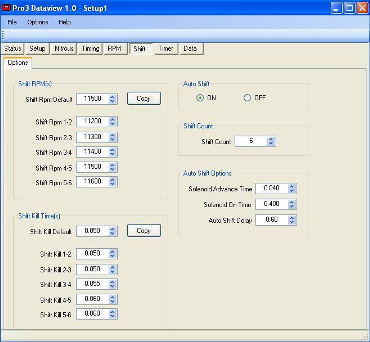 Schnitz Racing Schnitz Digital Firestorm Ignition/Progressive Nitrous Controller, digital interface displaying settings for shift RPM, shift kill times, auto shift, and auto shift options in a computer program.