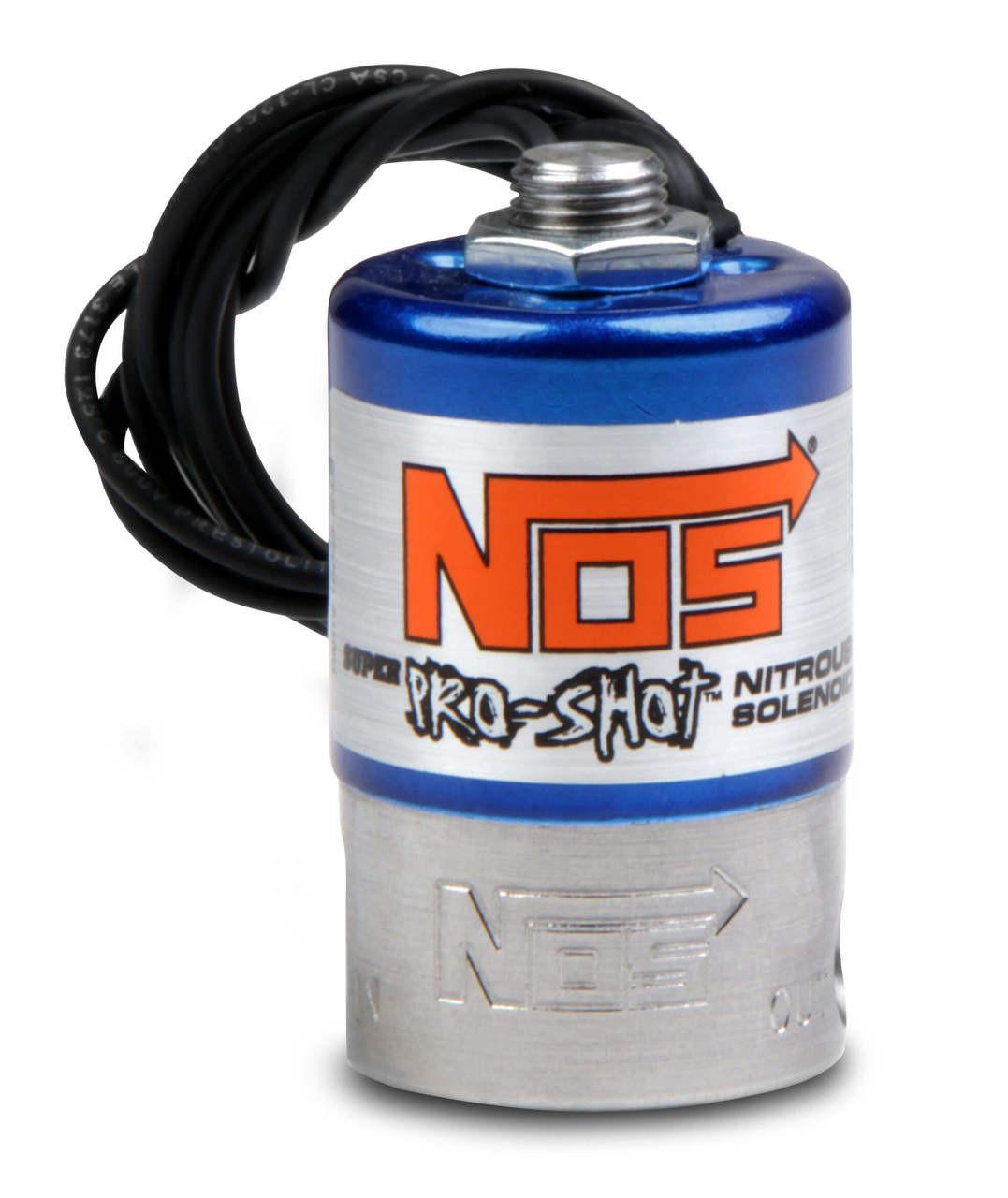 NOS Super Pro-Shot Nitrous Solenoid, compact metallic blue nitrous solenoid with black wires for vehicle performance enhancement. NOS Super Pro-Shot Nitrous Solenoid, compact metallic blue nitrous solenoid with black wires for vehicle performance enhancement.