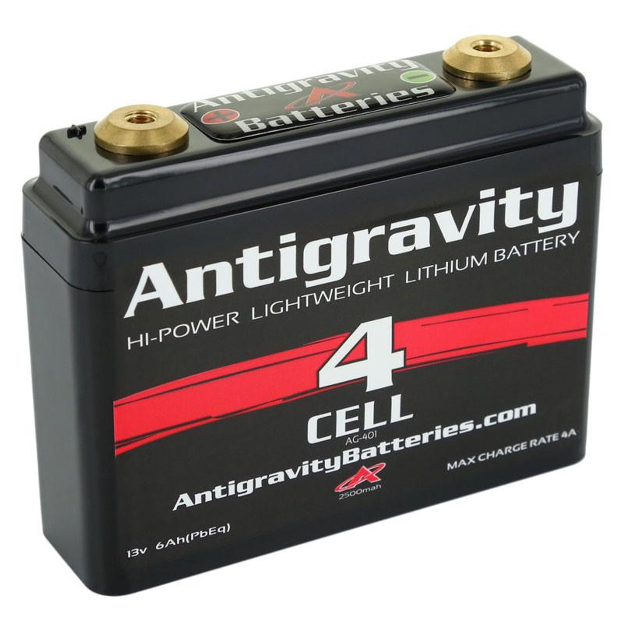 Antigravity 4 Cell Lithium Battery, black rectangular high-power lightweight lithium battery with gold terminals and red and white labeling.
