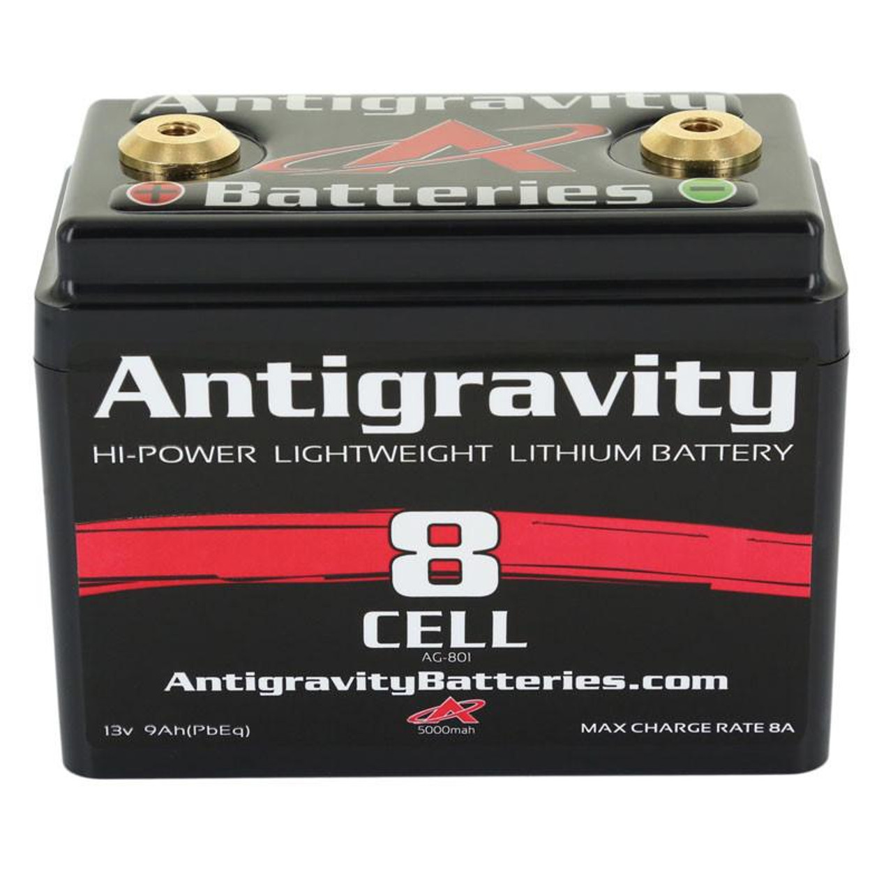 Antigravity 8 Cell Lithium Battery, black rectangular high-power lightweight lithium battery with gold terminals and red and white branding.