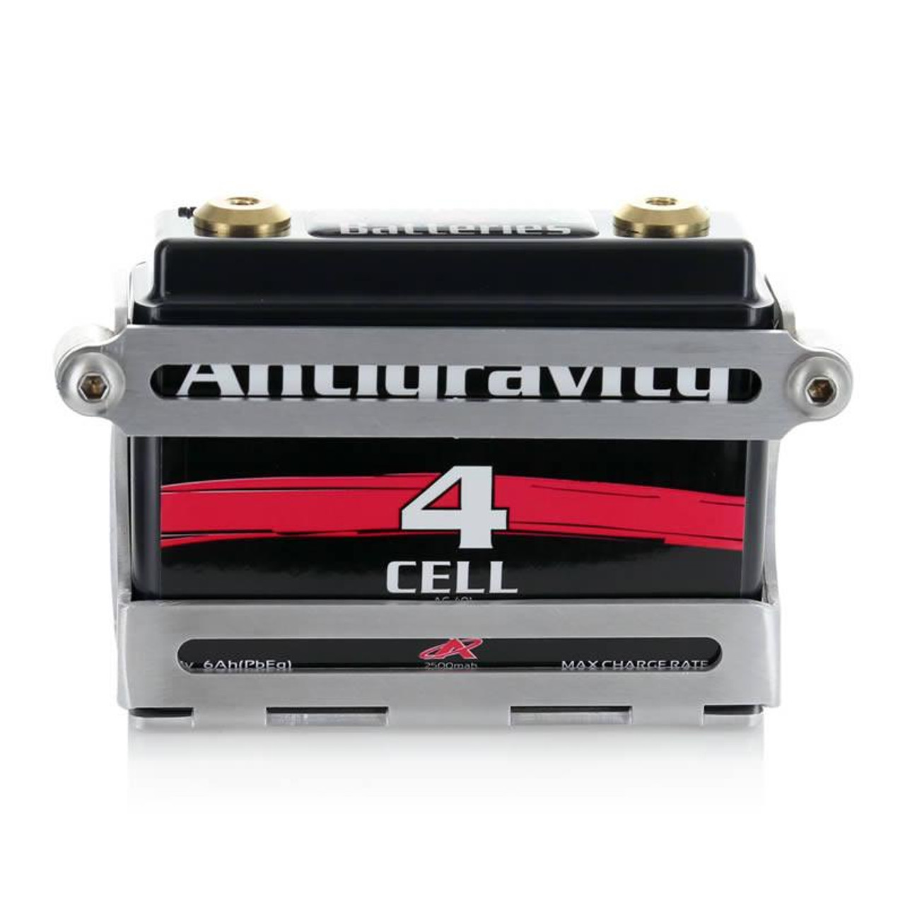 Antigravity 4 Cell Aluminum Battery Tray, black and silver aluminum battery tray mounted on a 4-cell battery.