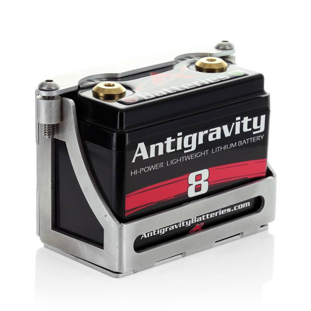 Antigravity 8 Cell Aluminum Battery Tray, compact black lithium battery with mounting bracket and gold terminals for automotive use.