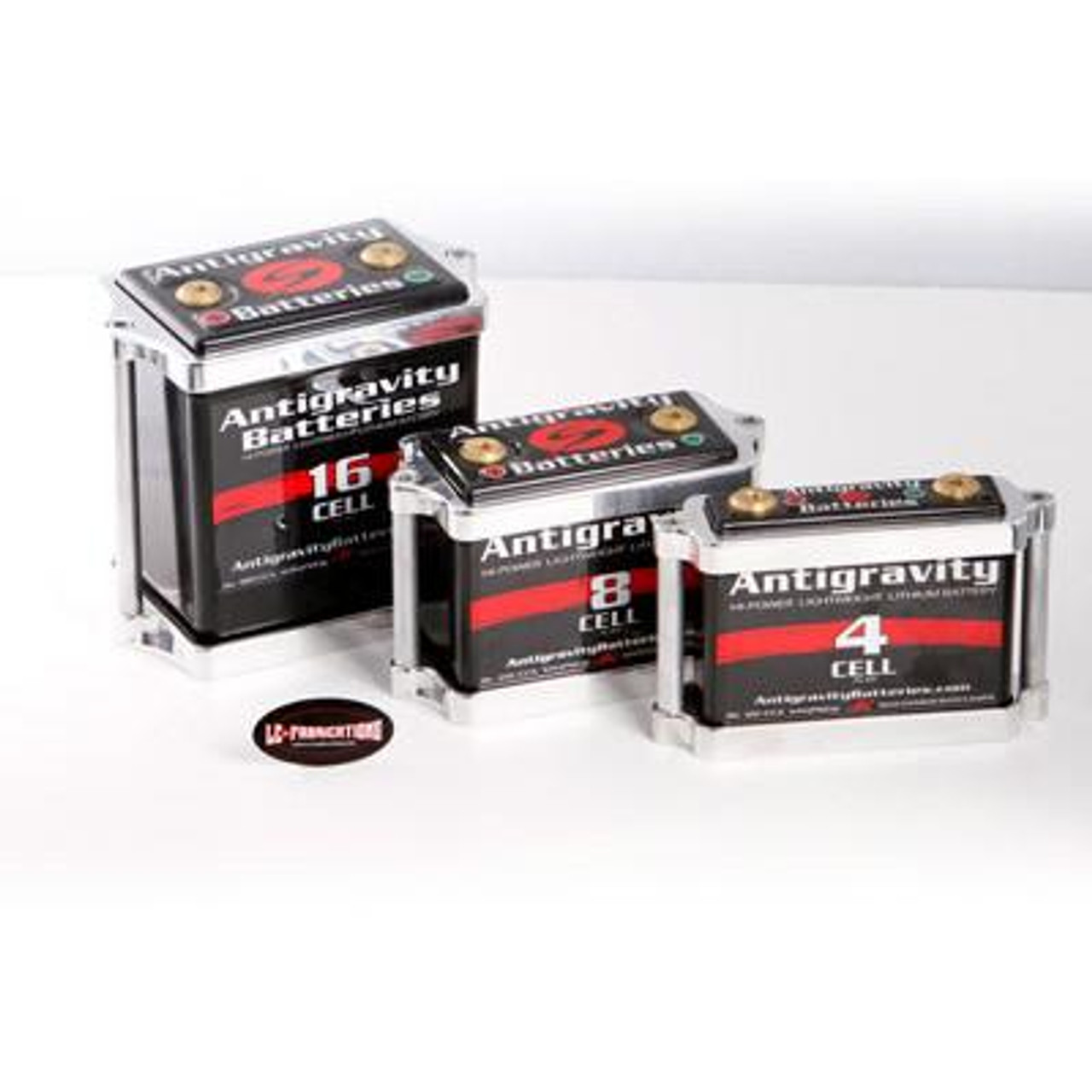 Antigravity 12 or 16 Cell Aluminum Battery Box, image showing three aluminum battery boxes of different sizes with labels and terminals.