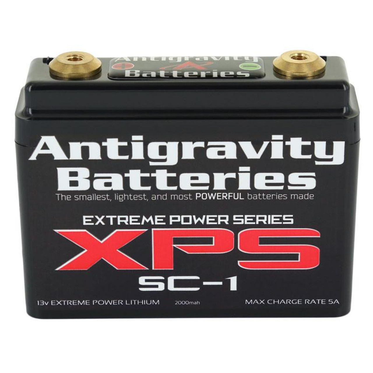 Antigravity Batteries, Extreme Power Series SC-1 Lithium Battery with 13V power and 2000mAh capacity showing a compact design with gold terminals and black casing.