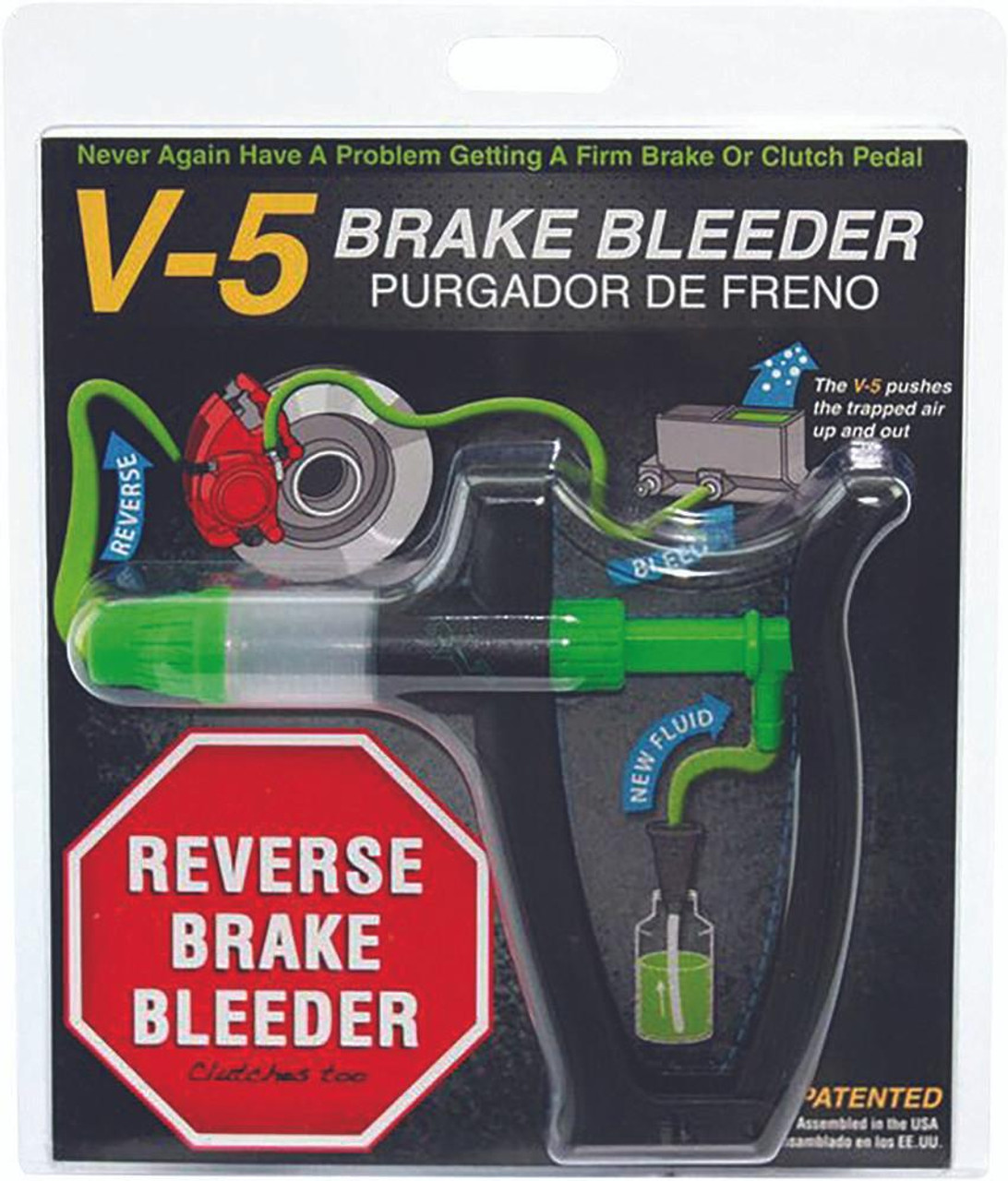 Phoenix Systems V-5 Reverse Brake Bleeder, automotive brake bleeding tool with a clear plastic chamber, green tubing, and a black handle for efficient brake fluid evacuation. Phoenix Systems V-5 Reverse Brake Bleeder, automotive brake bleeding tool with a clear plastic chamber, green tubing, and a black handle for efficient brake fluid evacuation.