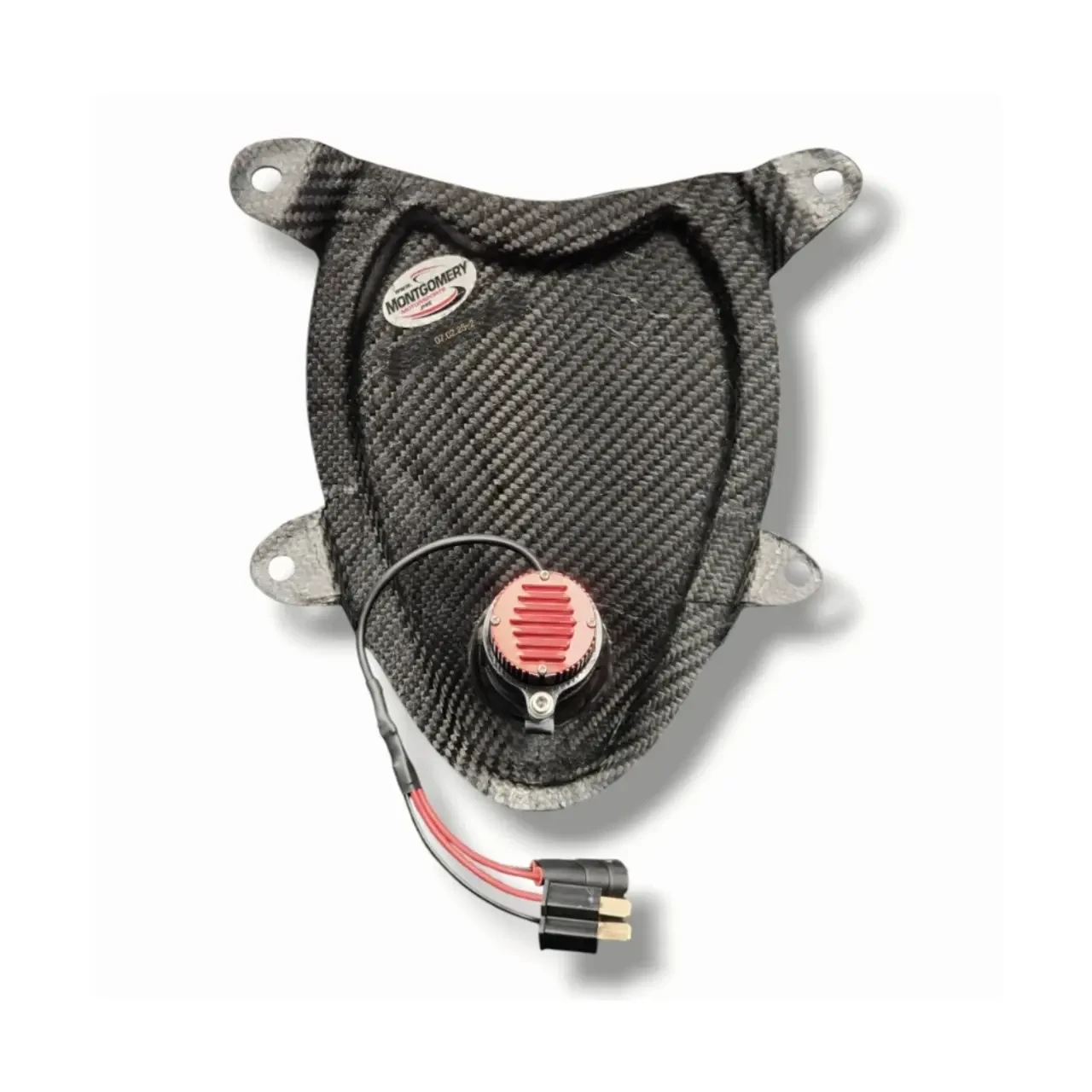 Montgomery Motorsports Carbon Fiber Motorcycle Parts Carbon Fiber Headlight Insert Suzuki Hayabusa (99-07), showcasing a sleek black carbon fiber headlight insert with mounting points and an attached red ventilation component for the Suzuki Hayabusa motorcycle.