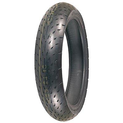 Shinko 003 Ultra Soft Stealth Front Tire, front view of motorcycle tire with tread pattern designed for high performance and durability.