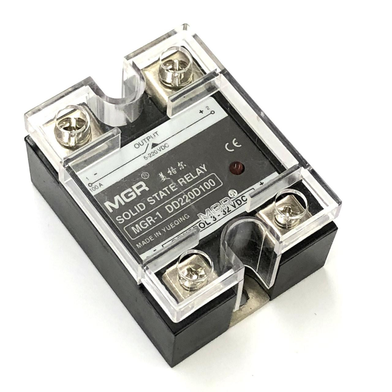 Ryan Schnitz Racing RSR Solid State Relay 100 AMP, clear view of the compact black and transparent relay with metal terminals and label showing specifications.