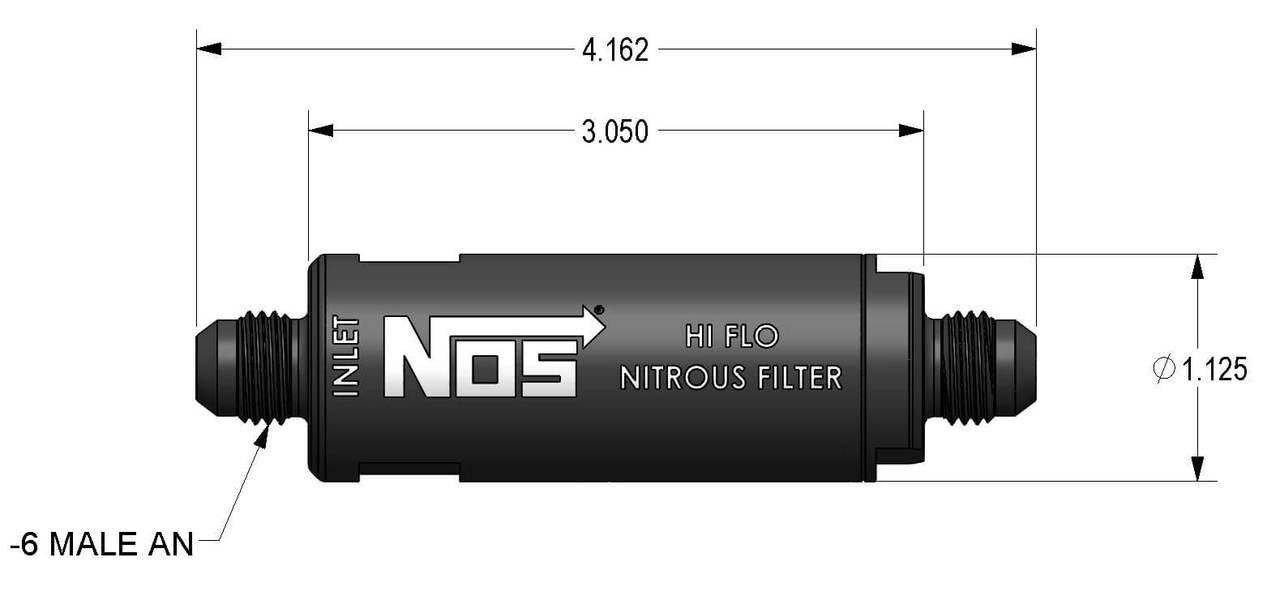 NOS In-Line Hi-Flow Nitrous Filter, 6an, Black, with detailed technical drawing showing dimensions and specifications. NOS In-Line Hi-Flow Nitrous Filter, 6an, Black, with detailed technical drawing showing dimensions and specifications.