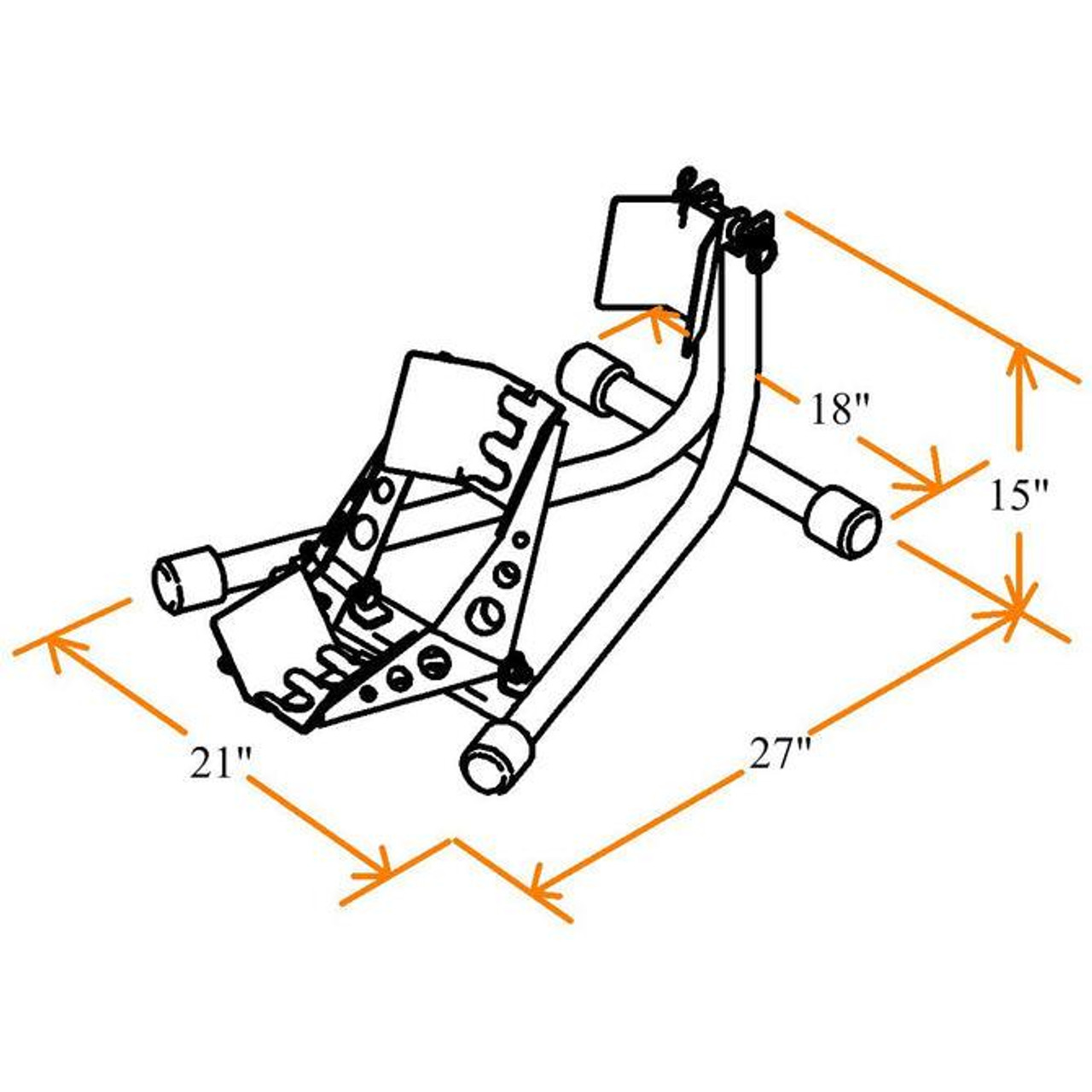 Baxley Sport Chock, product diagram showing dimensions of 21 inches, 27 inches, 18 inches, and 15 inches for vehicle wheel support and stabilization.