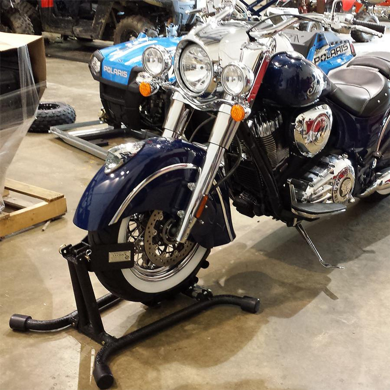 Baxley LA Chock, motorcycle chock stand for bike stability in storage or transport.