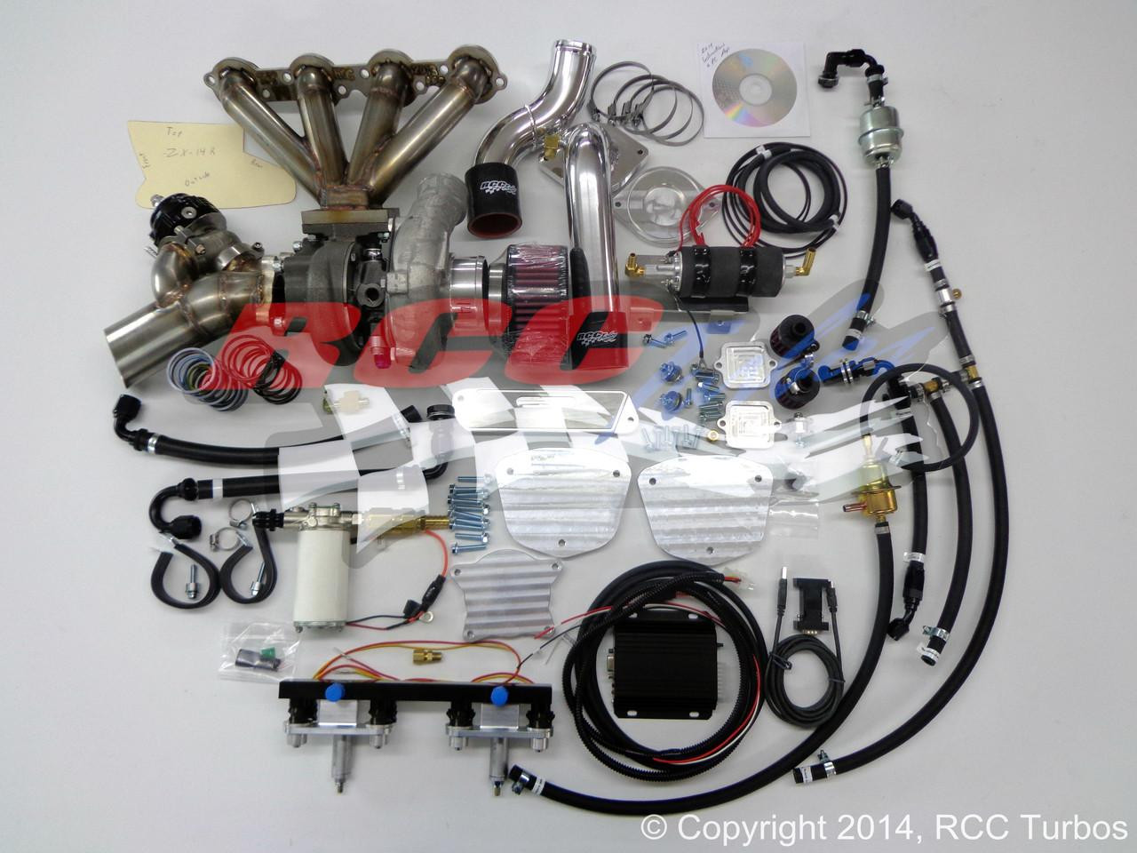 RCC Turbo Kit Stage 2 Kawasaki ZX14R (12-25), turbocharger kit components including turbocharger, pipes, hoses, fittings, and electronic parts.