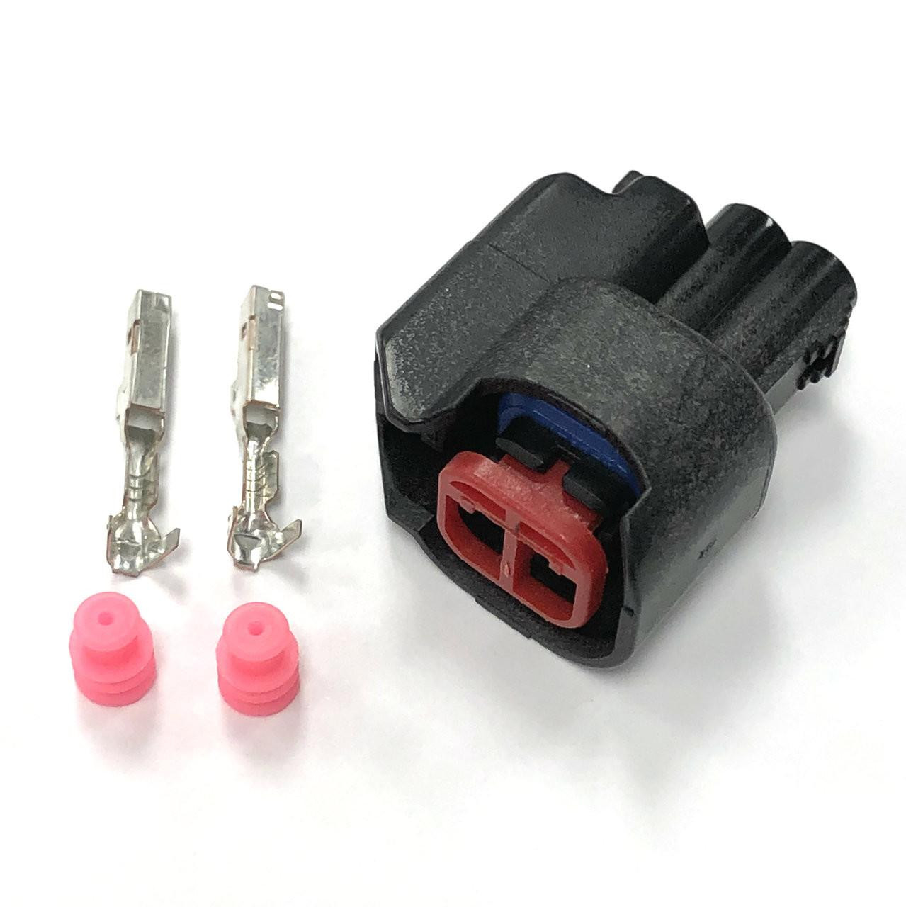Ryan Schnitz Racing RSR Connector Kit, 2 Way Socket EPC15-2, black and red electrical connector with metal terminals and pink rubber insulators.