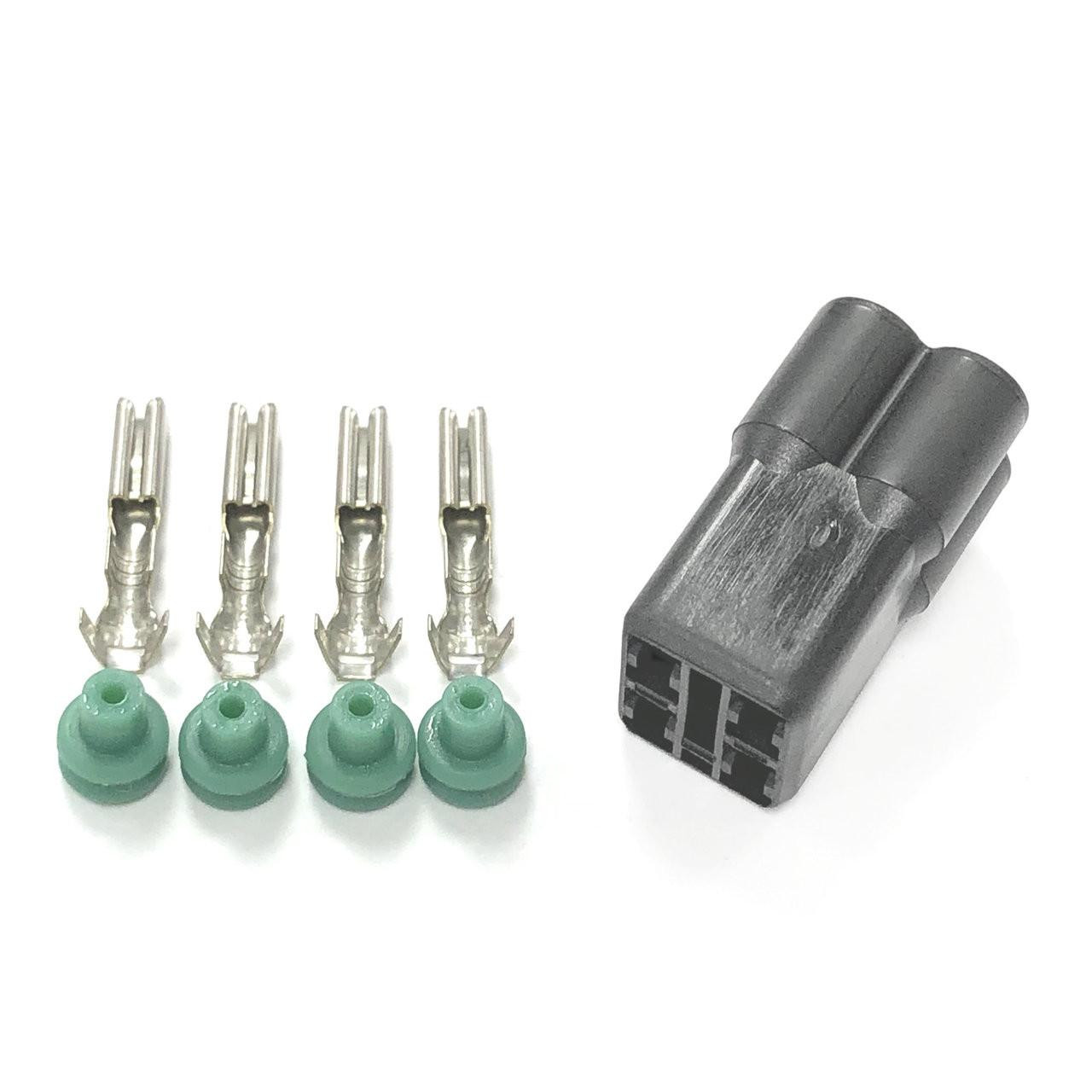 Ryan Schnitz Racing RSR Connector Kit, 4 Way Socket HM with four metal contact points and green rubber insulators for automotive wiring connections. Ryan Schnitz Racing RSR Connector Kit, 4 Way Socket HM with four metal contact points and green rubber insulators for automotive wiring connections.